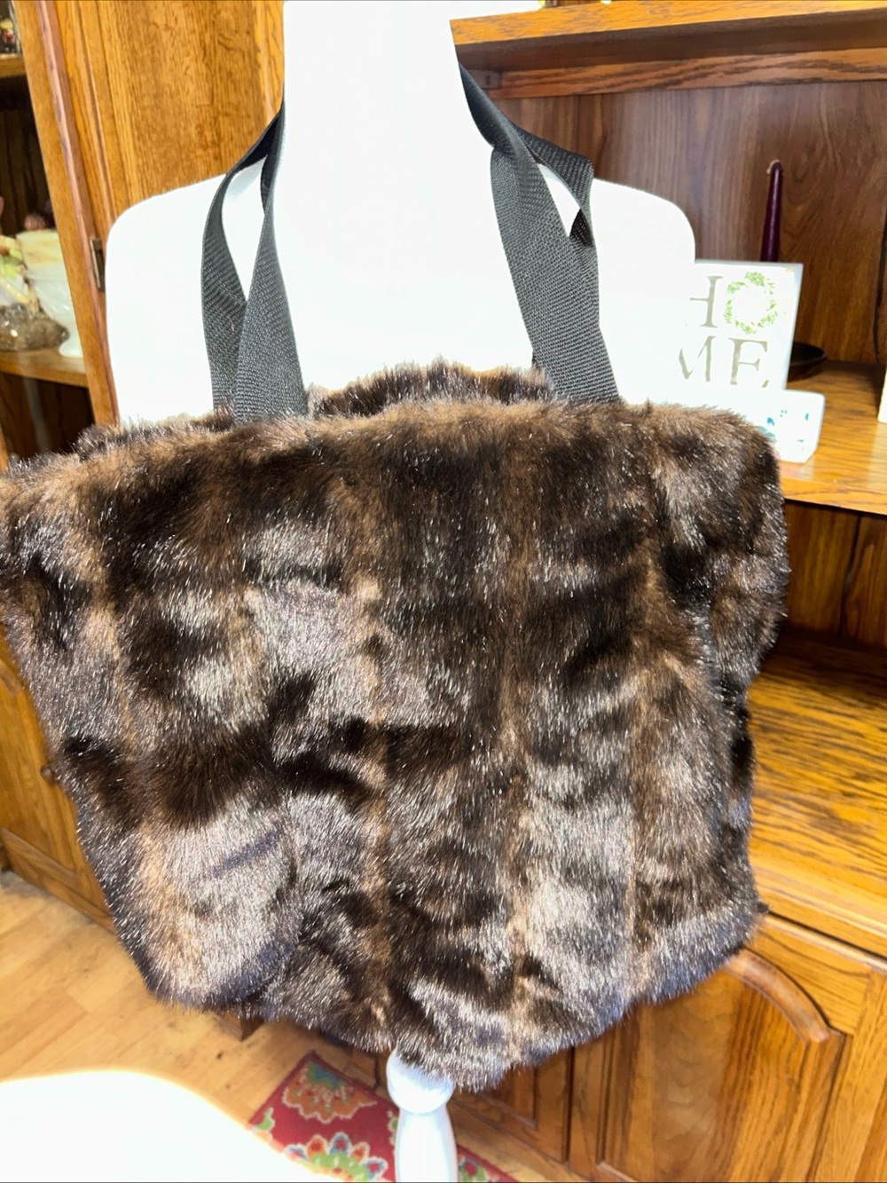 Plush Faux Fur Brown Tote with Black Handles